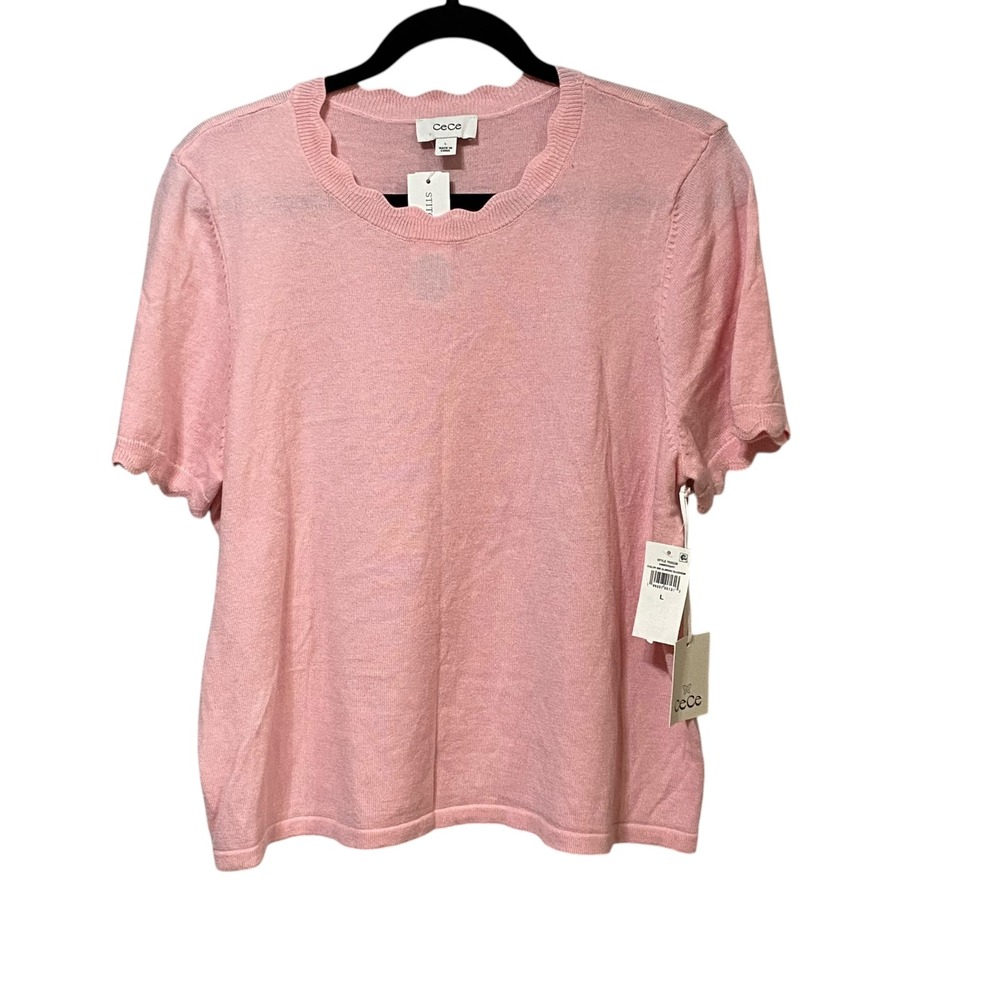 Cece Womens Scallop Trim Short Sleeve Knit Sweater Top Pink Almond Blossom L - Picture 2 of 7